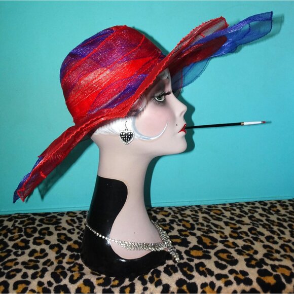 Vintage Purple & Red Sheer Wide Brim Sun Hat summer church hat pinup retro glam main image 10